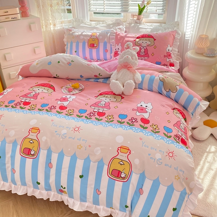 91家纺网 家纺一手货源 找家纺 玉元坊 2025春夏新款公主风全棉纯棉花边被套床单四件套 漂流瓶