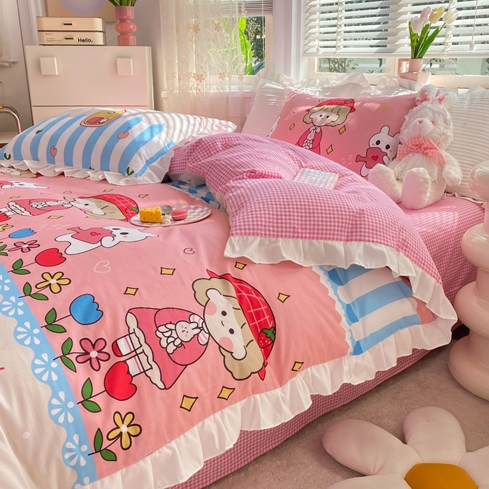 91家纺网 家纺一手货源 找家纺 玉元坊 2025春夏新款公主风全棉纯棉花边被套床单四件套 漂流瓶