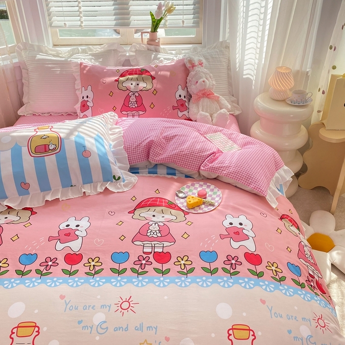 91家纺网 家纺一手货源 找家纺 玉元坊 2025春夏新款公主风全棉纯棉花边被套床单四件套 漂流瓶