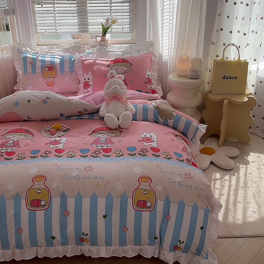 91家纺网 家纺一手货源 找家纺 玉元坊 2025春夏新款公主风全棉纯棉花边被套床单四件套 漂流瓶