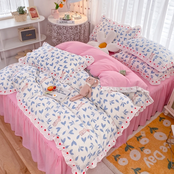 91家纺网 家纺一手货源 找家纺 玉元坊 2025春夏新款公主风全棉纯棉花边被套床单四件套 树叶兔