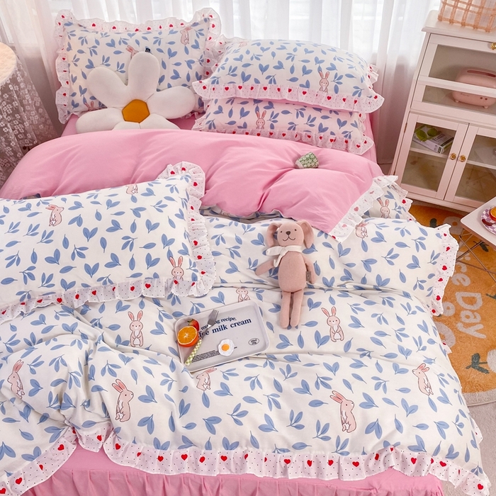 91家纺网 家纺一手货源 找家纺 玉元坊 2025春夏新款公主风全棉纯棉花边被套床单四件套 树叶兔