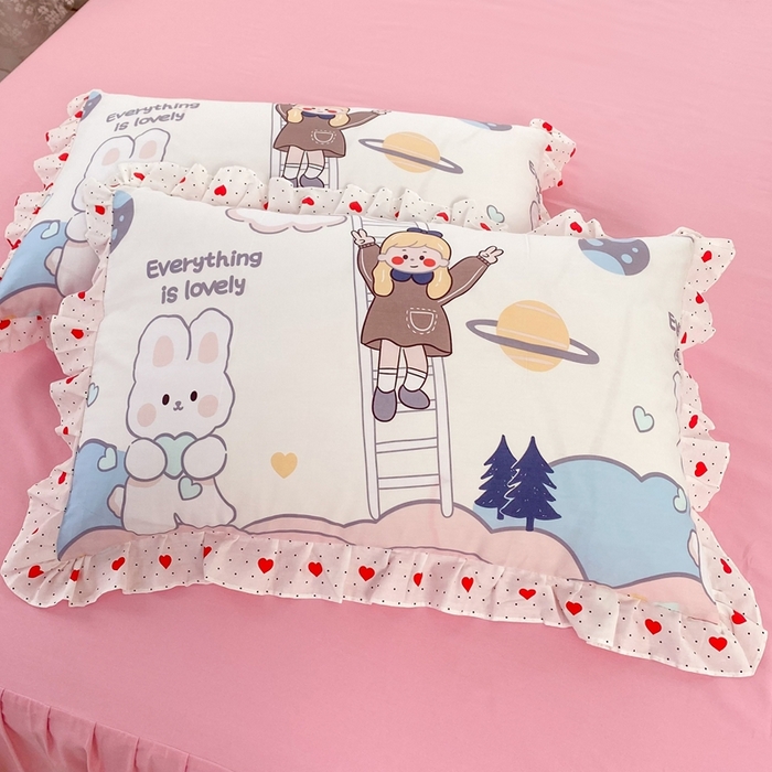 91家纺网 家纺一手货源 找家纺 玉元坊 2025春夏新款公主风全棉纯棉花边被套床单四件套 兔高高