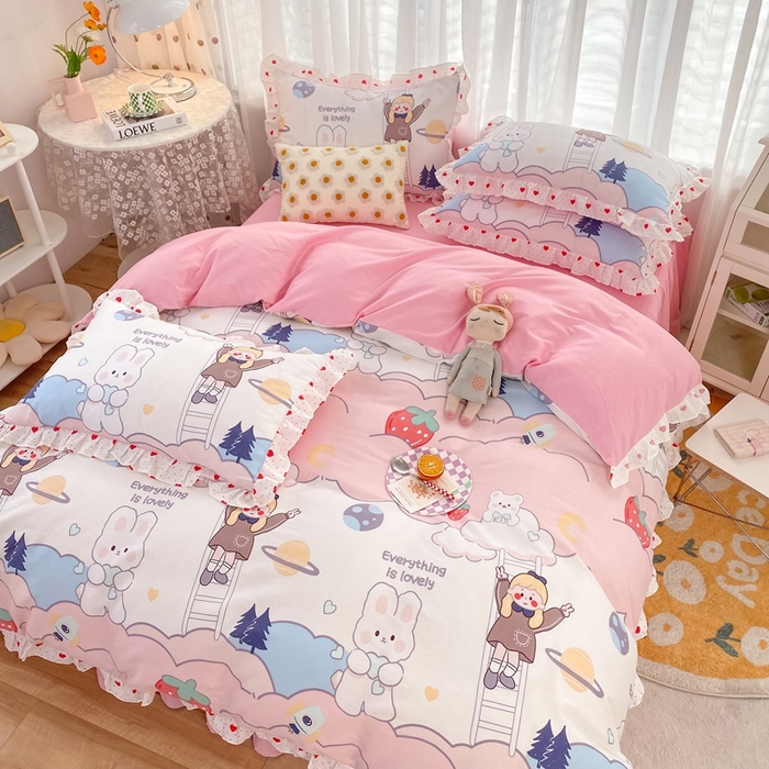 91家纺网 家纺一手货源 找家纺 玉元坊 2025春夏新款公主风全棉纯棉花边被套床单四件套 兔高高