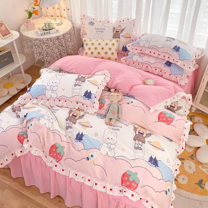 91家纺网 家纺一手货源 找家纺 玉元坊 2025春夏新款公主风全棉纯棉花边被套床单四件套 兔高高