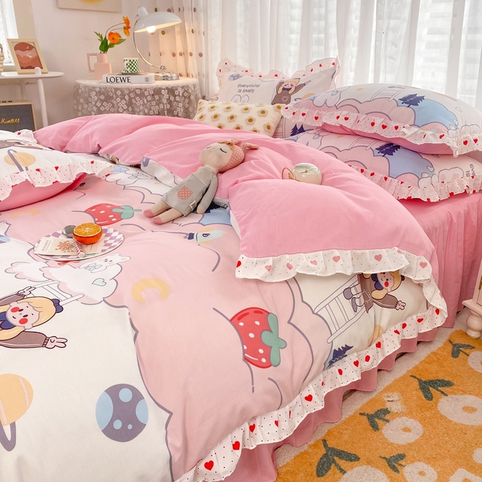 91家纺网 家纺一手货源 找家纺 玉元坊 2025春夏新款公主风全棉纯棉花边被套床单四件套 兔高高