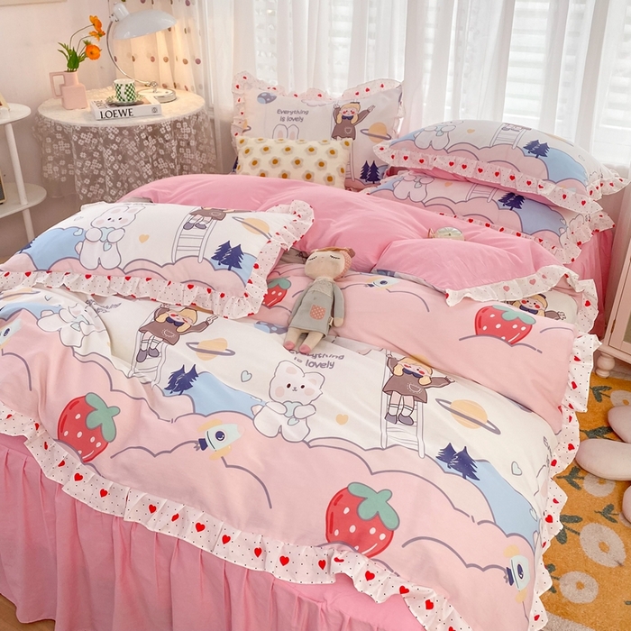91家纺网 家纺一手货源 找家纺 玉元坊 2025春夏新款公主风全棉纯棉花边被套床单四件套 兔高高