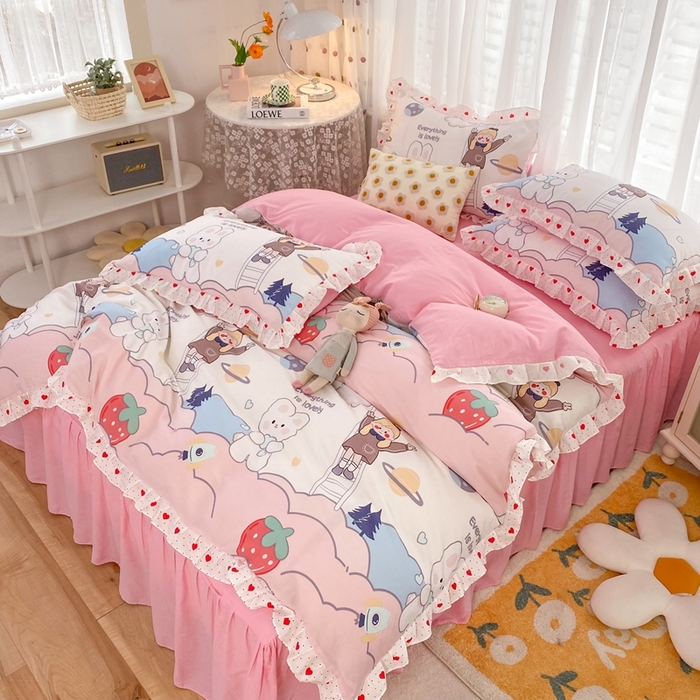 91家纺网 家纺一手货源 找家纺 玉元坊 2025春夏新款公主风全棉纯棉花边被套床单四件套 兔高高