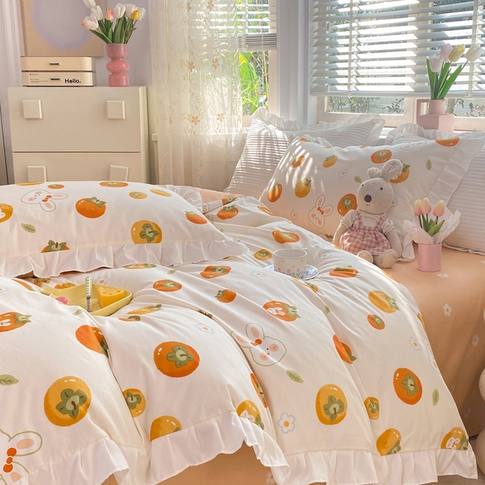 91家纺网 家纺一手货源 找家纺 玉元坊 2025春夏新款公主风全棉纯棉花边被套床单四件套 喜事兔