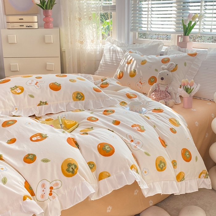 91家纺网 家纺一手货源 找家纺 玉元坊 2025春夏新款公主风全棉纯棉花边被套床单四件套 喜事兔