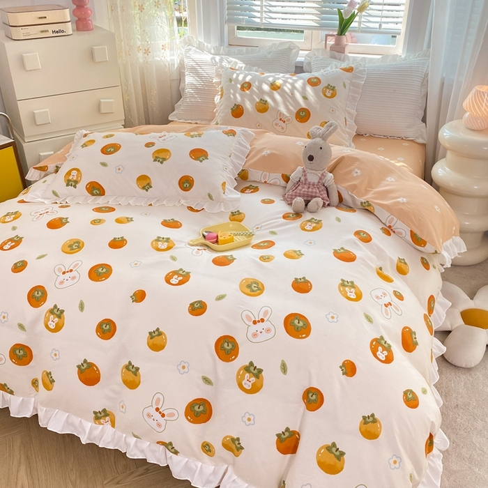 91家纺网 家纺一手货源 找家纺 玉元坊 2025春夏新款公主风全棉纯棉花边被套床单四件套 喜事兔