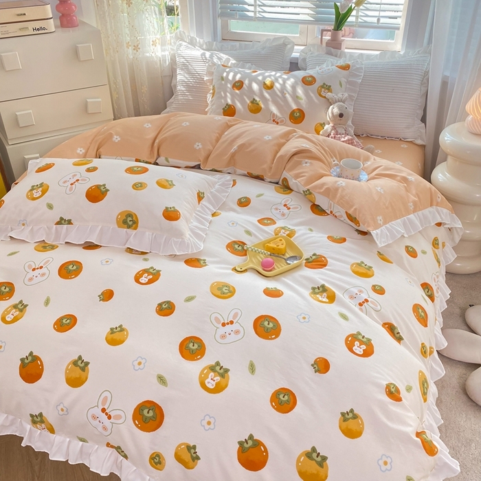 91家纺网 家纺一手货源 找家纺 玉元坊 2025春夏新款公主风全棉纯棉花边被套床单四件套 喜事兔