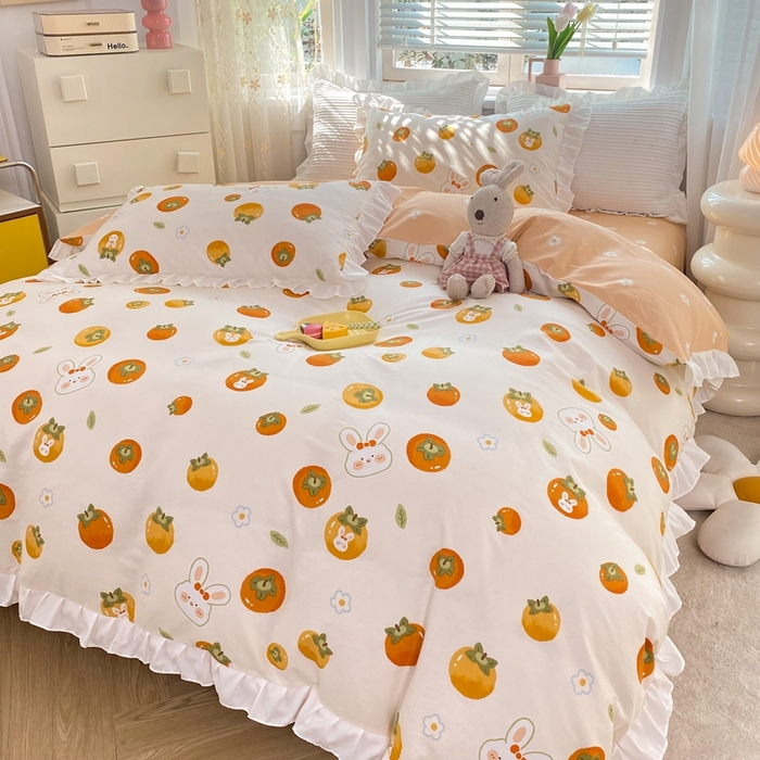 91家纺网 家纺一手货源 找家纺 玉元坊 2025春夏新款公主风全棉纯棉花边被套床单四件套 喜事兔