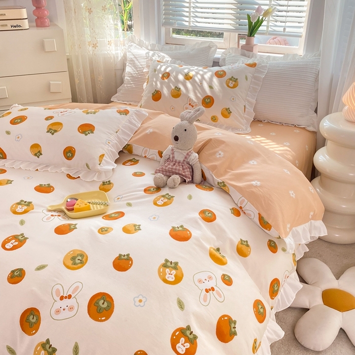 91家纺网 家纺一手货源 找家纺 玉元坊 2025春夏新款公主风全棉纯棉花边被套床单四件套 喜事兔