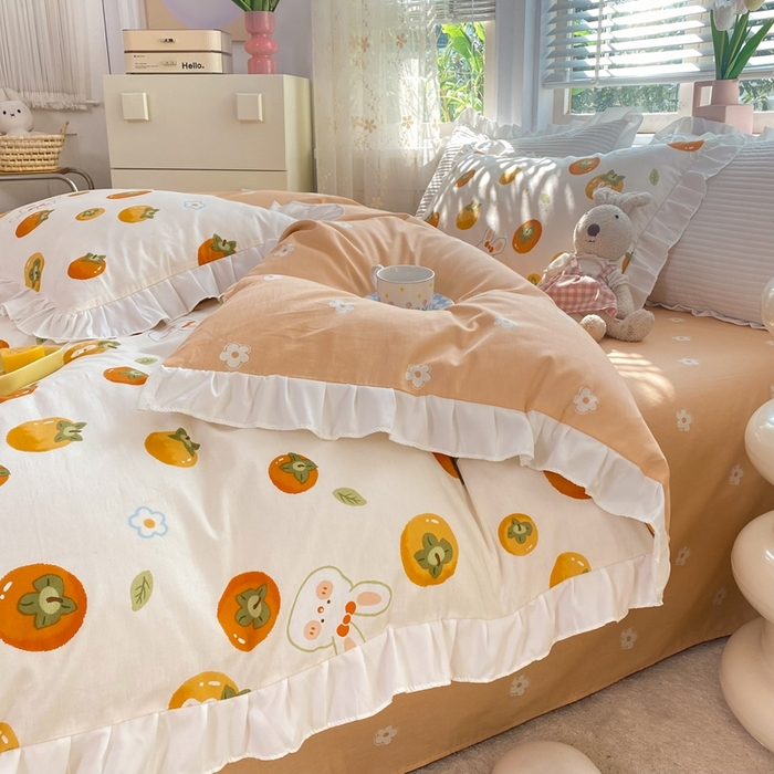 91家纺网 家纺一手货源 找家纺 玉元坊 2025春夏新款公主风全棉纯棉花边被套床单四件套 喜事兔