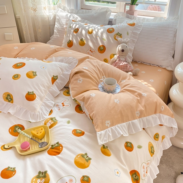 91家纺网 家纺一手货源 找家纺 玉元坊 2025春夏新款公主风全棉纯棉花边被套床单四件套 喜事兔