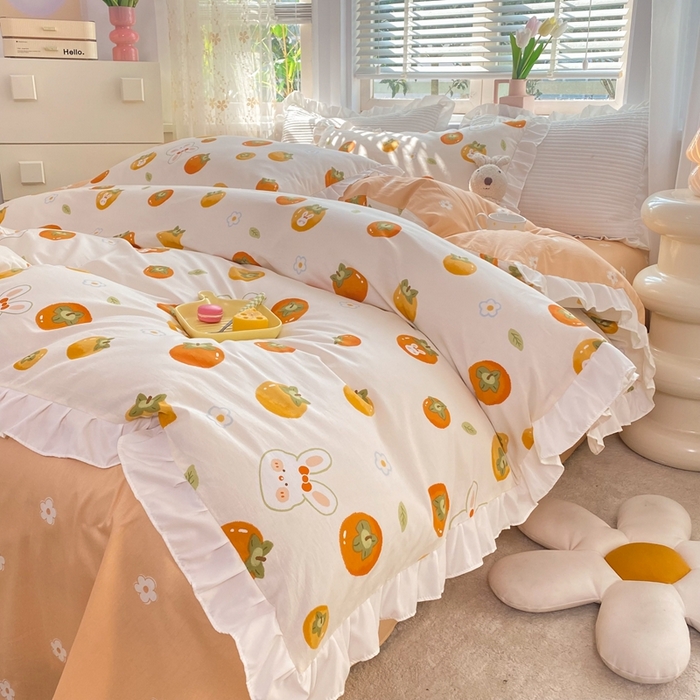 91家纺网 家纺一手货源 找家纺 玉元坊 2025春夏新款公主风全棉纯棉花边被套床单四件套 喜事兔
