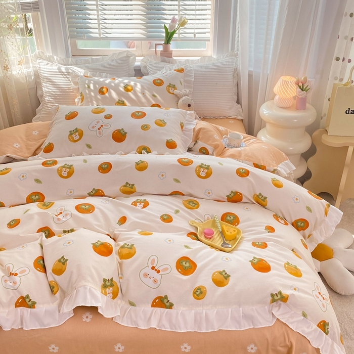 91家纺网 家纺一手货源 找家纺 玉元坊 2025春夏新款公主风全棉纯棉花边被套床单四件套 喜事兔