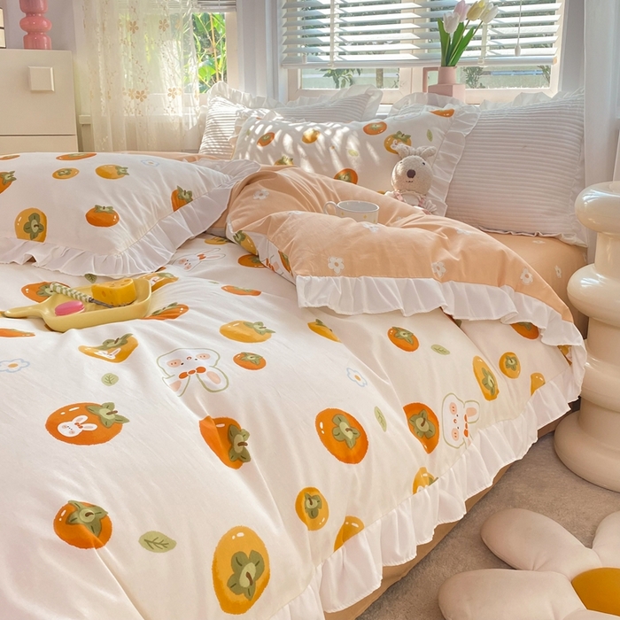 91家纺网 家纺一手货源 找家纺 玉元坊 2025春夏新款公主风全棉纯棉花边被套床单四件套 喜事兔