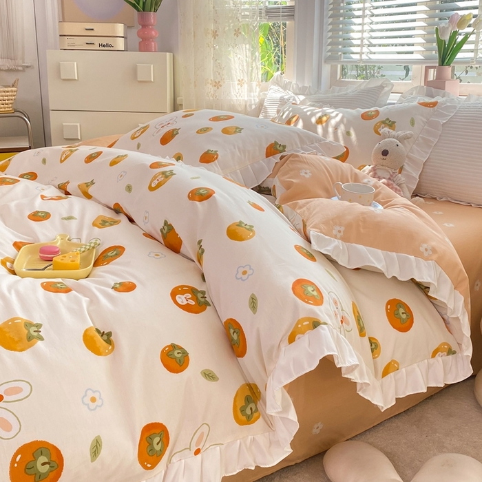 91家纺网 家纺一手货源 找家纺 玉元坊 2025春夏新款公主风全棉纯棉花边被套床单四件套 喜事兔