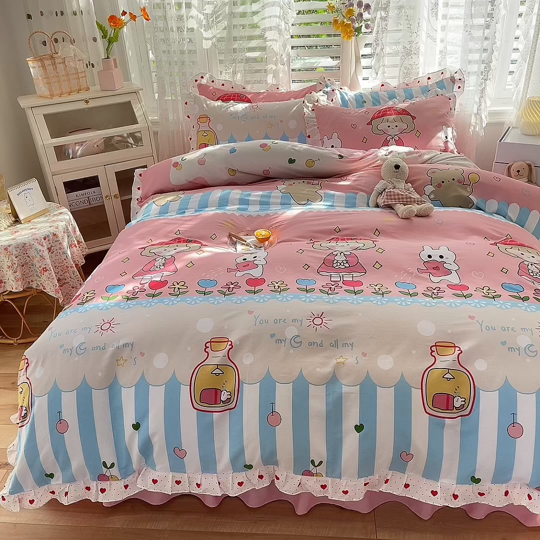 91家纺网 家纺一手货源 找家纺 玉元坊 2025春夏新款公主风全棉纯棉花边被套床单四件套 小公主