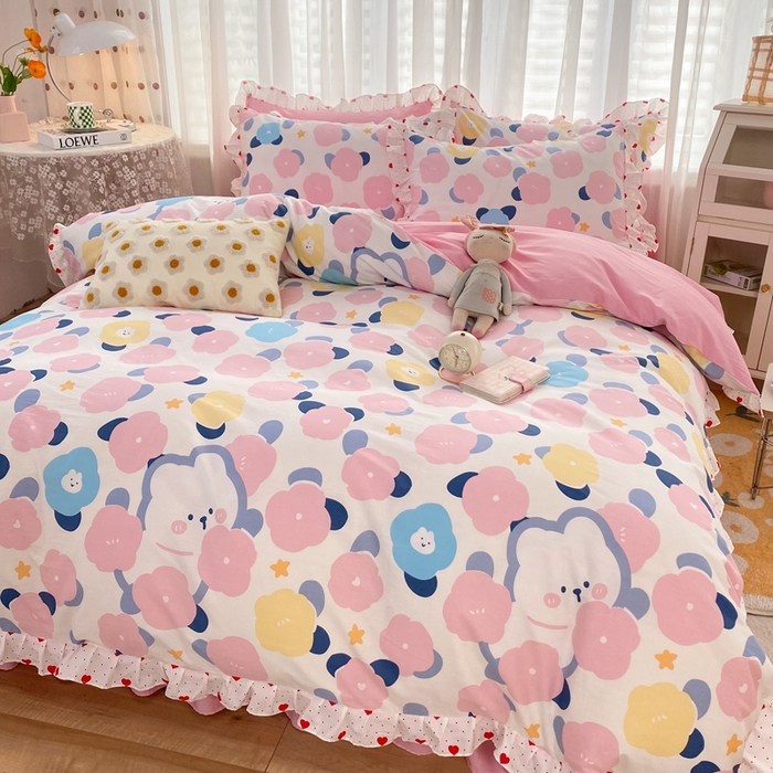 91家纺网 家纺一手货源 找家纺 玉元坊 2025春夏新款公主风全棉纯棉花边被套床单四件套 小红花