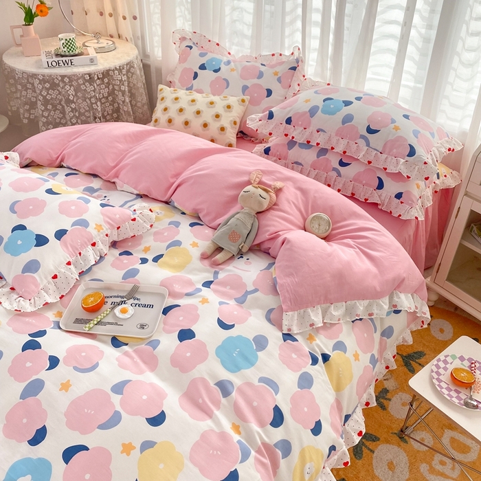 91家纺网 家纺一手货源 找家纺 玉元坊 2025春夏新款公主风全棉纯棉花边被套床单四件套 小红花