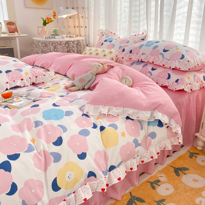 91家纺网 家纺一手货源 找家纺 玉元坊 2025春夏新款公主风全棉纯棉花边被套床单四件套 小红花