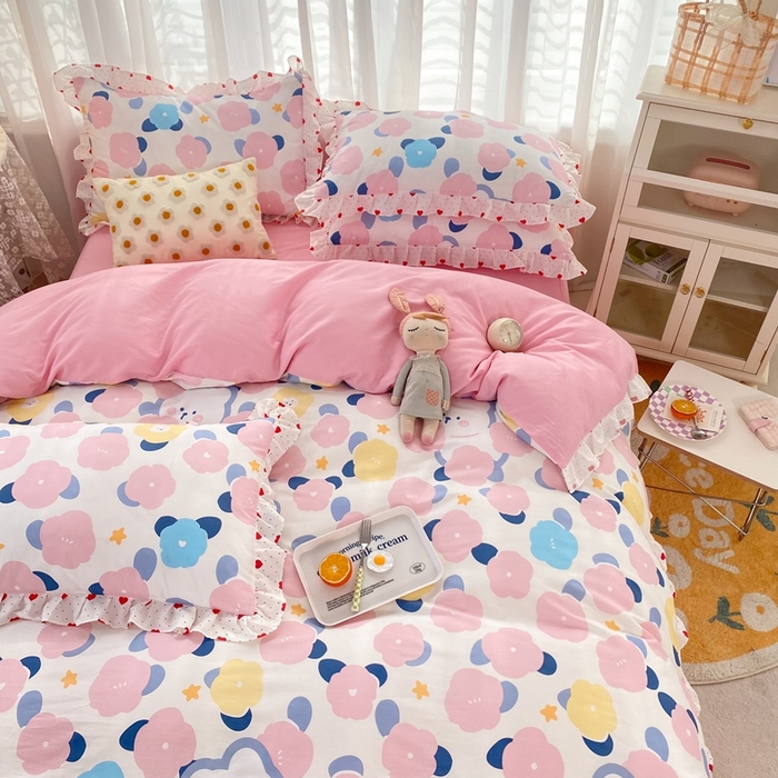 91家纺网 家纺一手货源 找家纺 玉元坊 2025春夏新款公主风全棉纯棉花边被套床单四件套 小红花