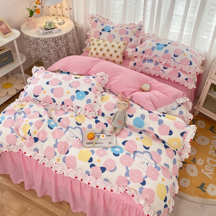 91家纺网 家纺一手货源 找家纺 玉元坊 2025春夏新款公主风全棉纯棉花边被套床单四件套 小红花