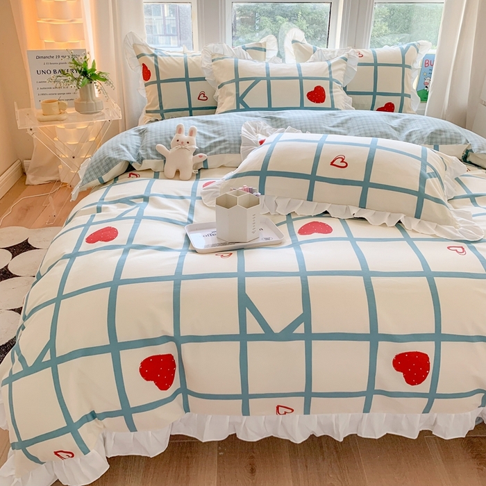 91家纺网 家纺一手货源 找家纺 玉元坊 2025春夏新款公主风全棉纯棉花边被套床单四件套 心心格