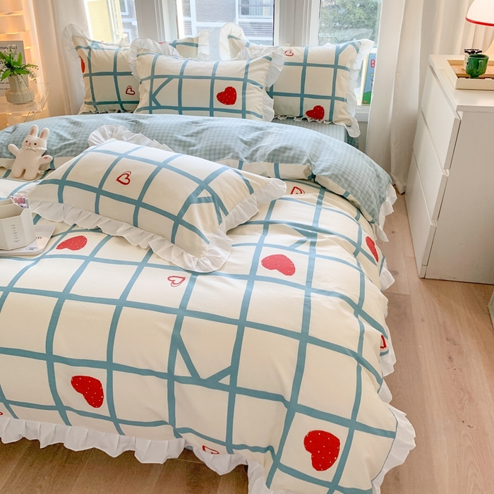 91家纺网 家纺一手货源 找家纺 玉元坊 2025春夏新款公主风全棉纯棉花边被套床单四件套 心心格