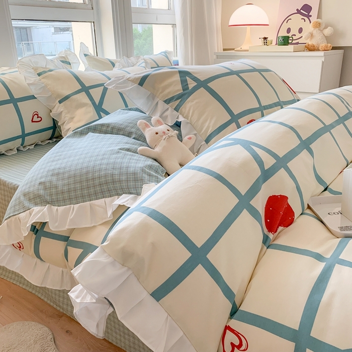 91家纺网 家纺一手货源 找家纺 玉元坊 2025春夏新款公主风全棉纯棉花边被套床单四件套 心心格