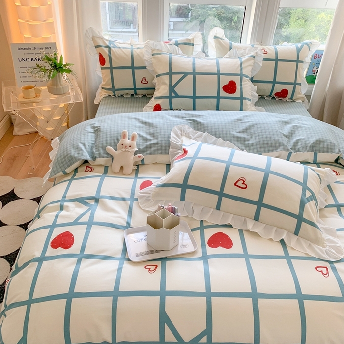 91家纺网 家纺一手货源 找家纺 玉元坊 2025春夏新款公主风全棉纯棉花边被套床单四件套 心心格