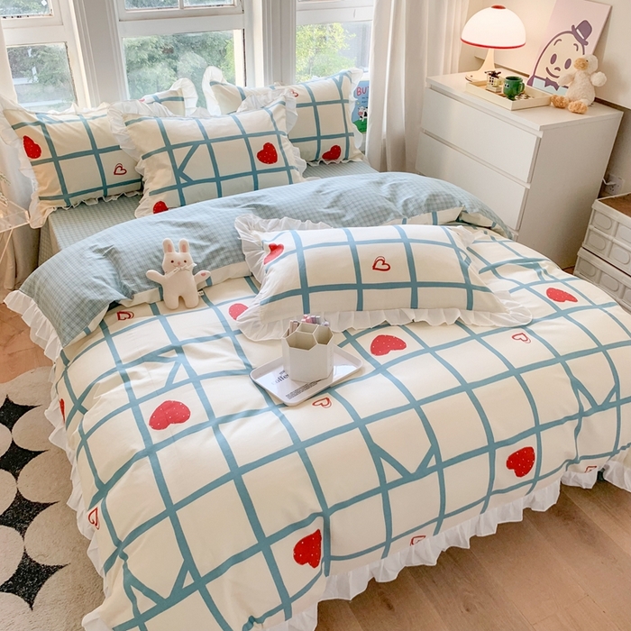 91家纺网 家纺一手货源 找家纺 玉元坊 2025春夏新款公主风全棉纯棉花边被套床单四件套 心心格