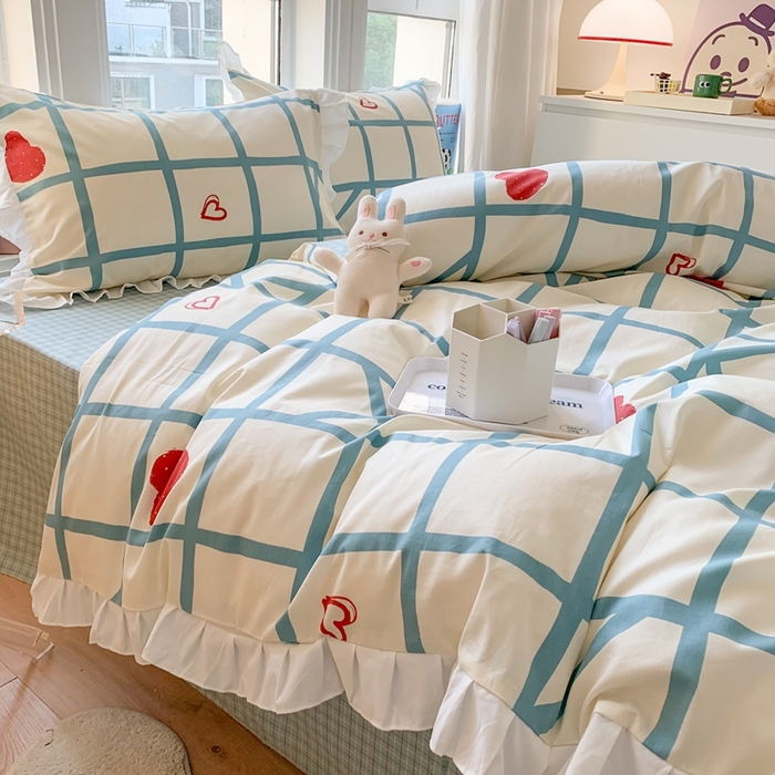 91家纺网 家纺一手货源 找家纺 玉元坊 2025春夏新款公主风全棉纯棉花边被套床单四件套 心心格