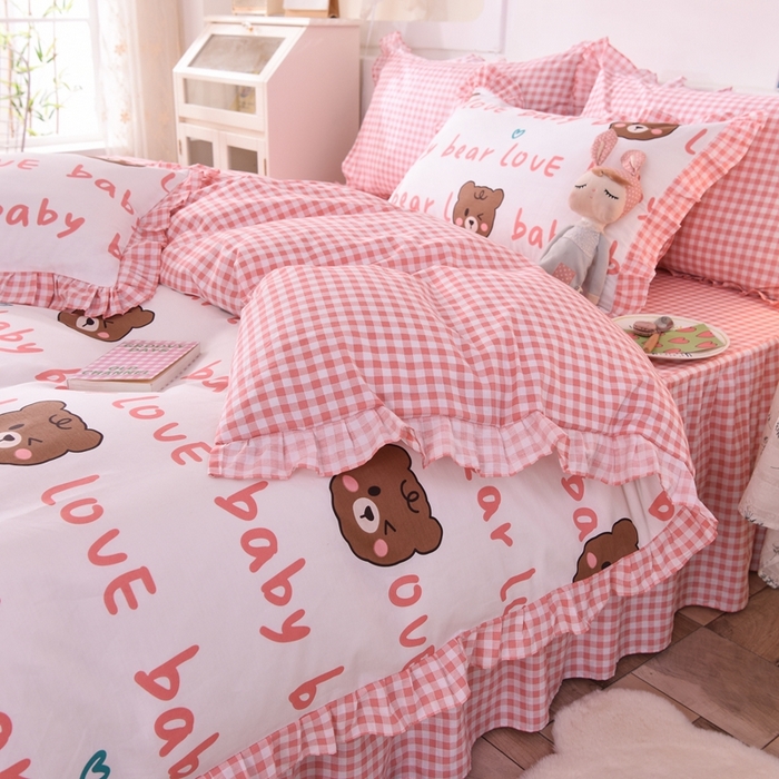 91家纺网 家纺一手货源 找家纺 玉元坊 2025春夏新款公主风全棉纯棉花边被套床单四件套 熊宝宝