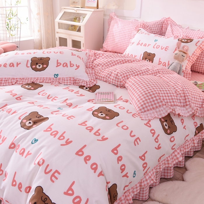 91家纺网 家纺一手货源 找家纺 玉元坊 2025春夏新款公主风全棉纯棉花边被套床单四件套 熊宝宝