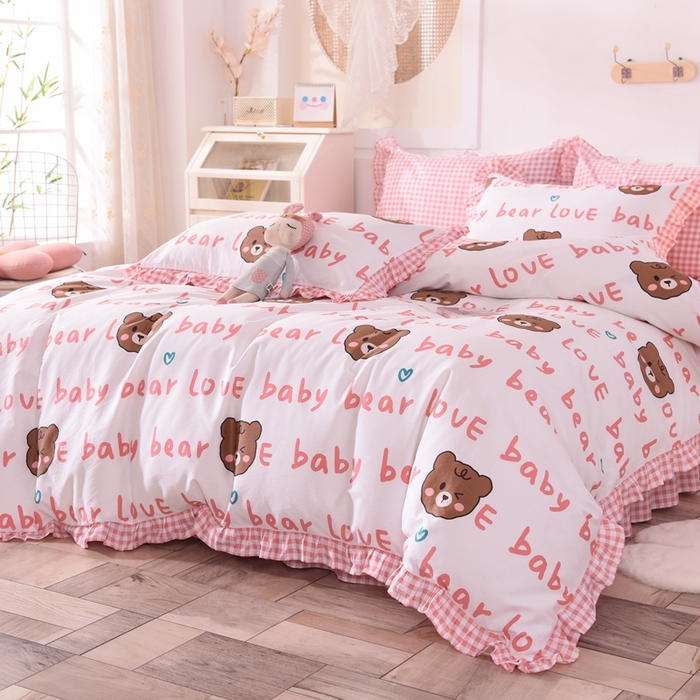 91家纺网 家纺一手货源 找家纺 玉元坊 2025春夏新款公主风全棉纯棉花边被套床单四件套 熊宝宝