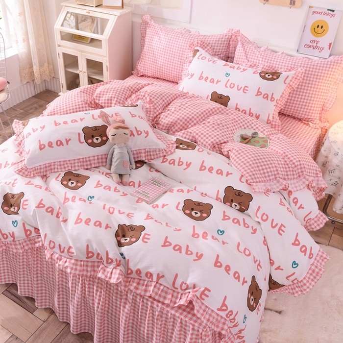 91家纺网 家纺一手货源 找家纺 玉元坊 2025春夏新款公主风全棉纯棉花边被套床单四件套 熊宝宝