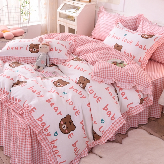 91家纺网 家纺一手货源 找家纺 玉元坊 2025春夏新款公主风全棉纯棉花边被套床单四件套 熊宝宝