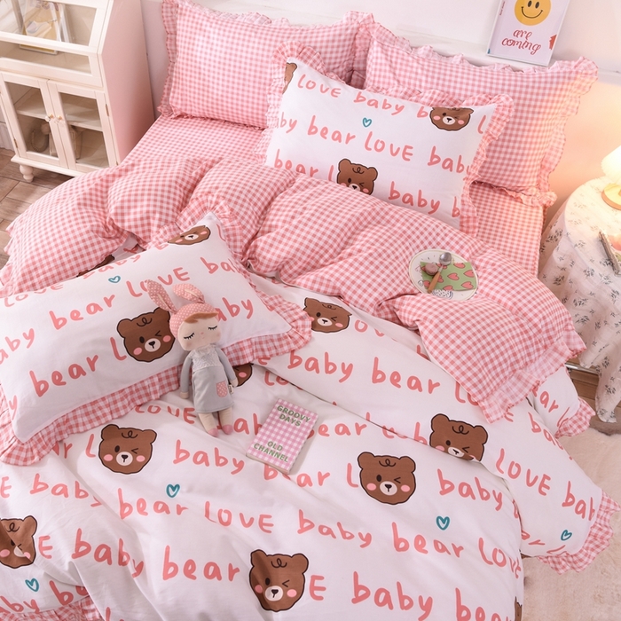 91家纺网 家纺一手货源 找家纺 玉元坊 2025春夏新款公主风全棉纯棉花边被套床单四件套 熊宝宝