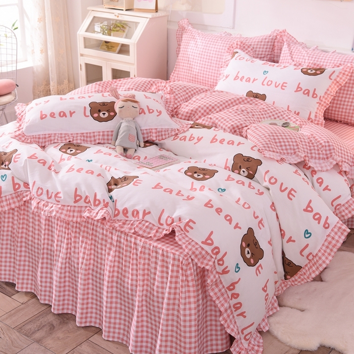 91家纺网 家纺一手货源 找家纺 玉元坊 2025春夏新款公主风全棉纯棉花边被套床单四件套 熊宝宝