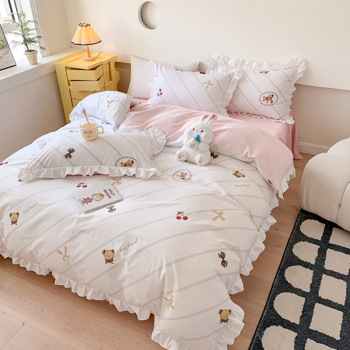 91家纺网 家纺一手货源 找家纺 玉元坊 2025春夏新款公主风全棉纯棉花边被套床单四件套 悠然小贝