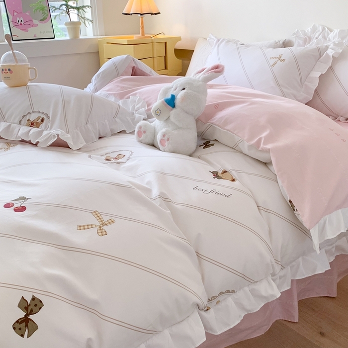 91家纺网 家纺一手货源 找家纺 玉元坊 2025春夏新款公主风全棉纯棉花边被套床单四件套 悠然小贝