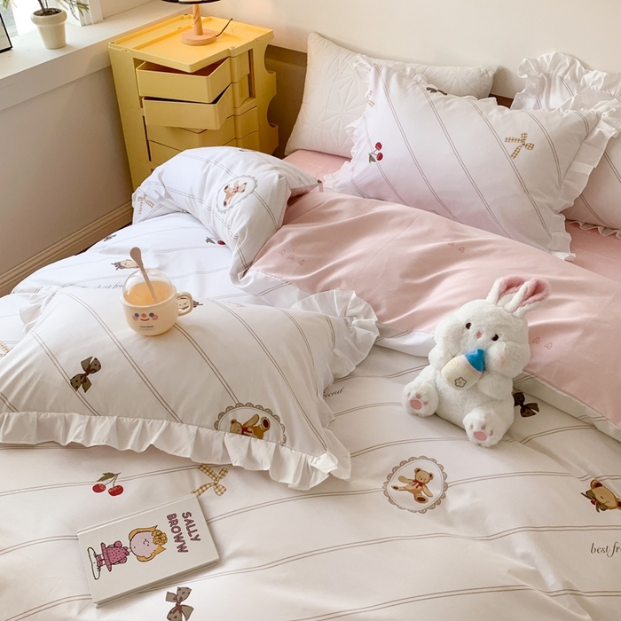 91家纺网 家纺一手货源 找家纺 玉元坊 2025春夏新款公主风全棉纯棉花边被套床单四件套 悠然小贝