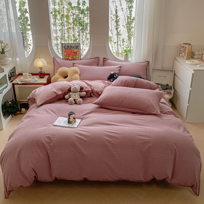 雅居纺2025新款贝壳边色织水洗棉四件套 豆沙格