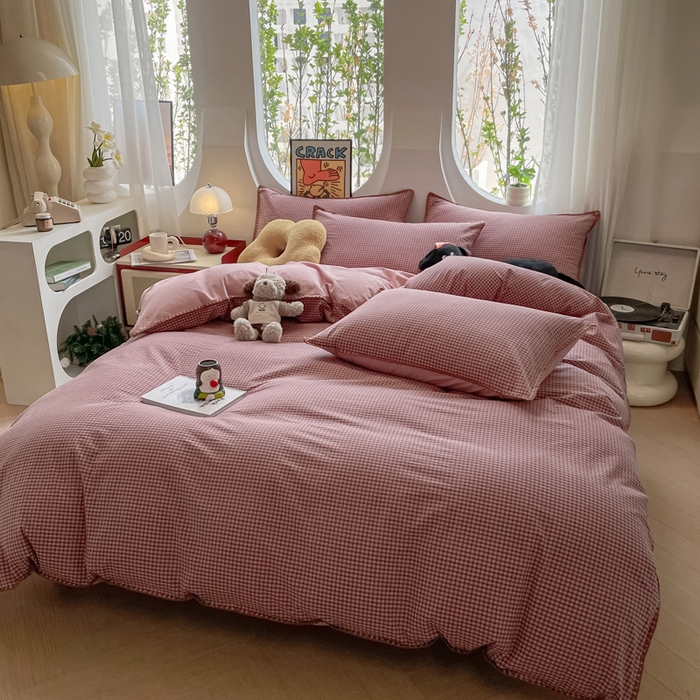 91家纺网 家纺一手货源 找家纺 雅居纺2025新款贝壳边色织水洗棉四件套 豆沙格