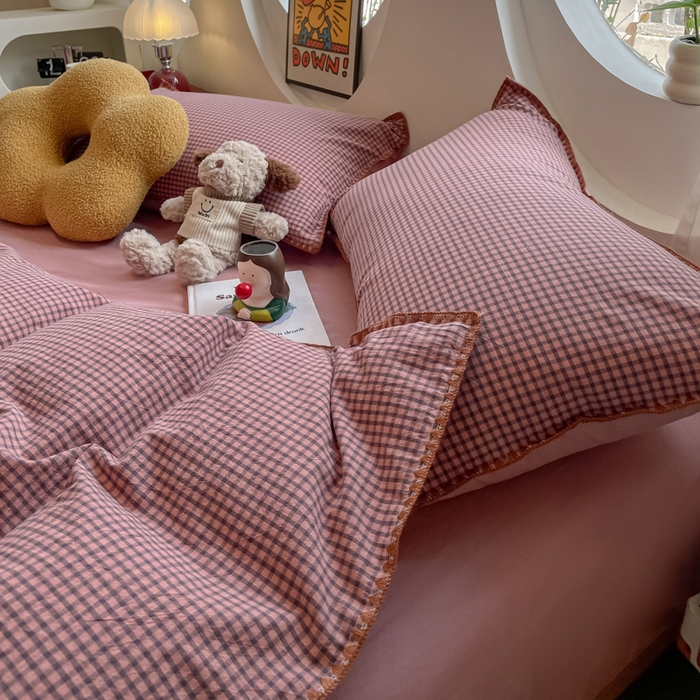 91家纺网 家纺一手货源 找家纺 雅居纺2025新款贝壳边色织水洗棉四件套 豆沙格