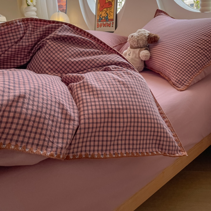 91家纺网 家纺一手货源 找家纺 雅居纺2025新款贝壳边色织水洗棉四件套 豆沙格